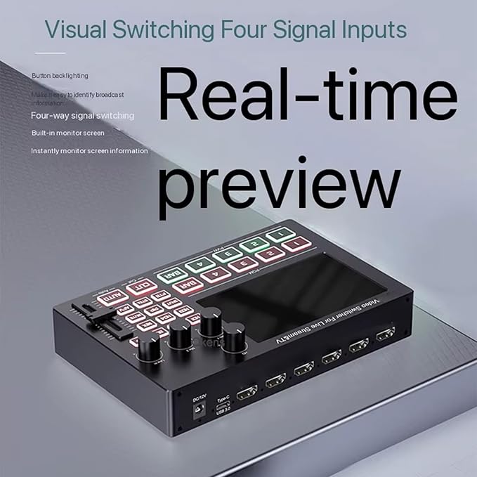 Yunseity 1080P Video Switcher, 5 Inch Screen 4 Channel HD Multimedia Interface Live Stream Switcher with Real Time Multi View and PTZ Control, for Multi Camera Streaming Online (US Plug)