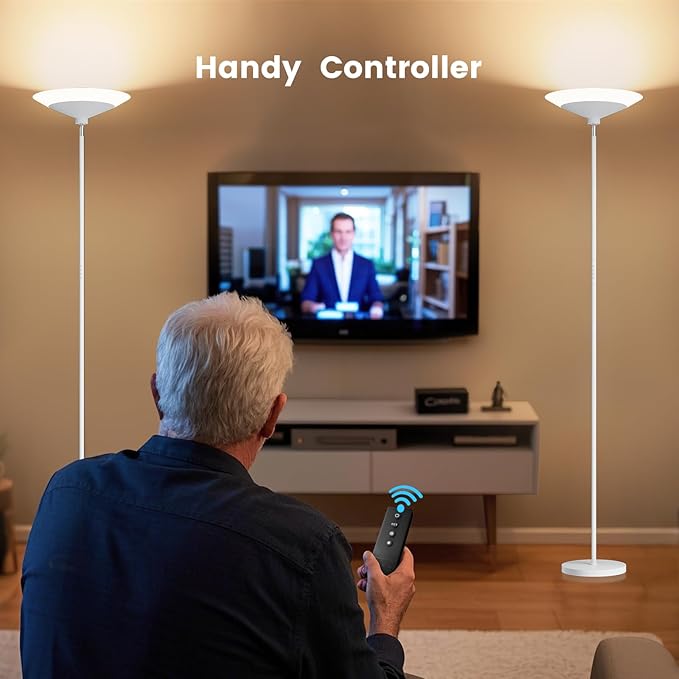 SIBRILLE White Torchiere Floor Lamp - 30W Dimmable LED Standing Lamp with Remote/Button Control, 1800Lm, 3000-6500K, 72in Bright Standing Pole Light for Living Room Bedroom Office Corner