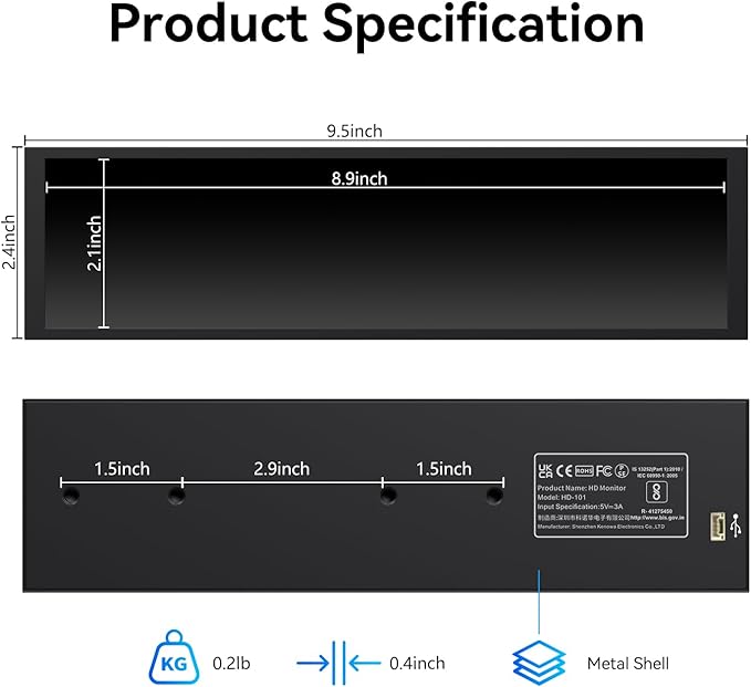 9.16" Computer Temp Monitor, FHD 1920x462 PC Sensor Panel One-Cable Connection(No HDMI Needed), Stretched Bar LCD Dynamic Theme Supported, IPS Mini Secondary Screen for CPU RAM HDD Data Aida64 (Black)