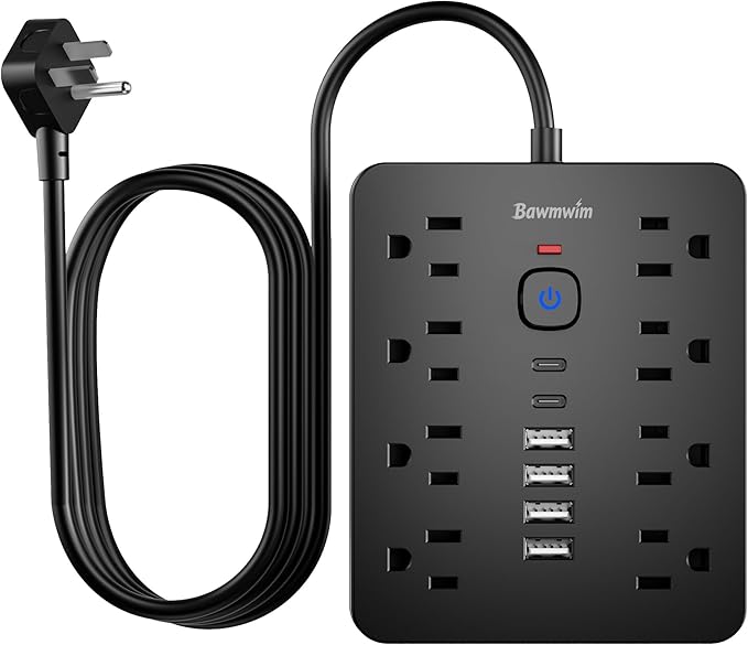 Bawmwim Surge Protector Power Strip, 8 Outlets(1250W/10A), 6 USB Charging Ports(2 USB C), 10FT Flat Plug Extension Cord Outlet Extender with Overload Protection, ETL Certified for Office, Dorm Room