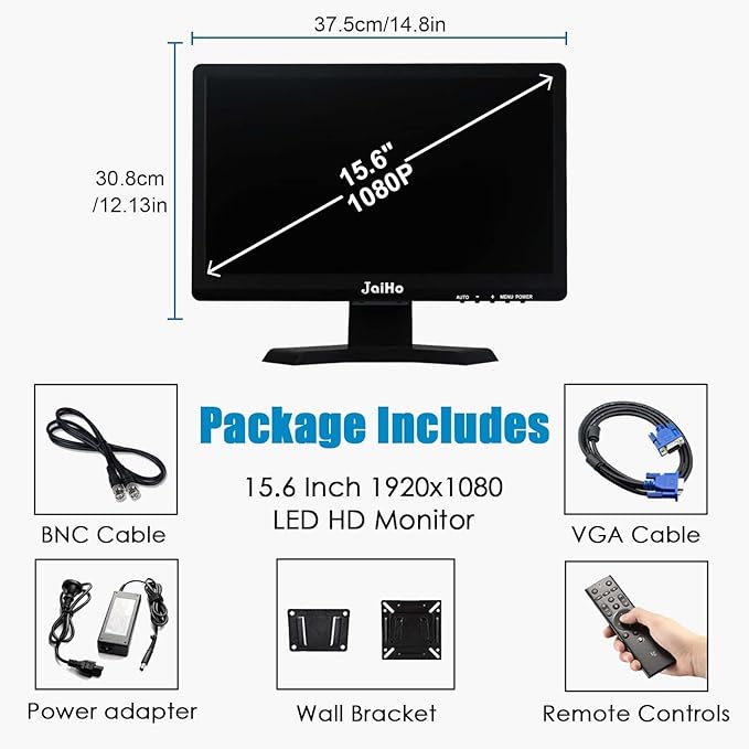 JaiHo 15.6 Inch 60Hz Computer Monitor - 1920×1080P Widescreen Display Screen - 16:9 Office PC Monitor with Multifunctional Input - Gaming Monitor for Gaming CCTV Raspberry Pi PC - VESA Mounting