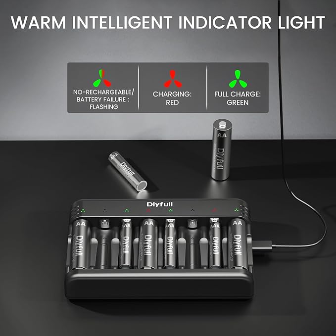 Dlyfull 8 Bay AA AAA Battery Charger with USB-C High-Speed Charging, Independent Slot for 1.2V Ni-MH Ni-CD Rechargeable Batteries, Cable Included