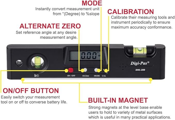 Digi-Pas DWL200 Electronic Torpedo Level, Protractor, Angle Gauge, Angle Finder, Bevel Gauge, Magnet, 0.1°, 7 inch