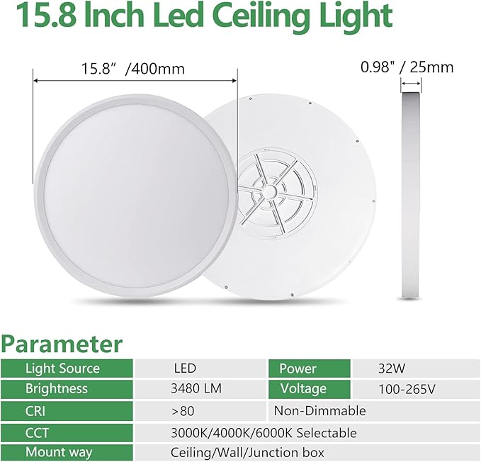 4PK 15.8 Inch LED Flush Mount Ceiling Light, 32W, 3480LM, 3000K/4000K/6000K CCT Selectable, Round Flat Panel Light Low Profile Ceiling Light Fitures for Hallway, Kitchen, Bedroom, Laundry Room