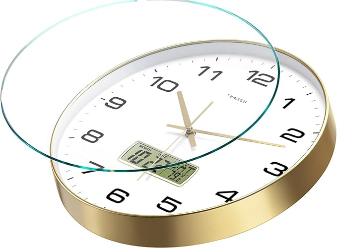 TIMESS Wall Clock, 10" Dial Non-Ticking Silent Battery Operated Analog with LCD Display for Perpetual Calendar and F° Temperature, Ideal Modern Home, Bedroom, Kitchen, Office Decor (Gold)