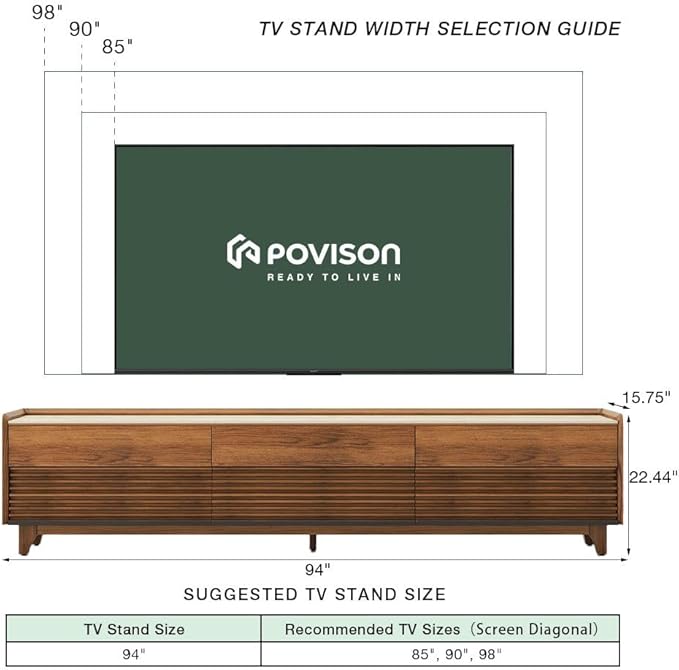 POVISON Fully-Assembled Mid Century Matte Sintered Stone TV Stand with Legs, 94.49" Wood Media Console with Adjustable LED Light, Entertainment Center with Storage for Living Room