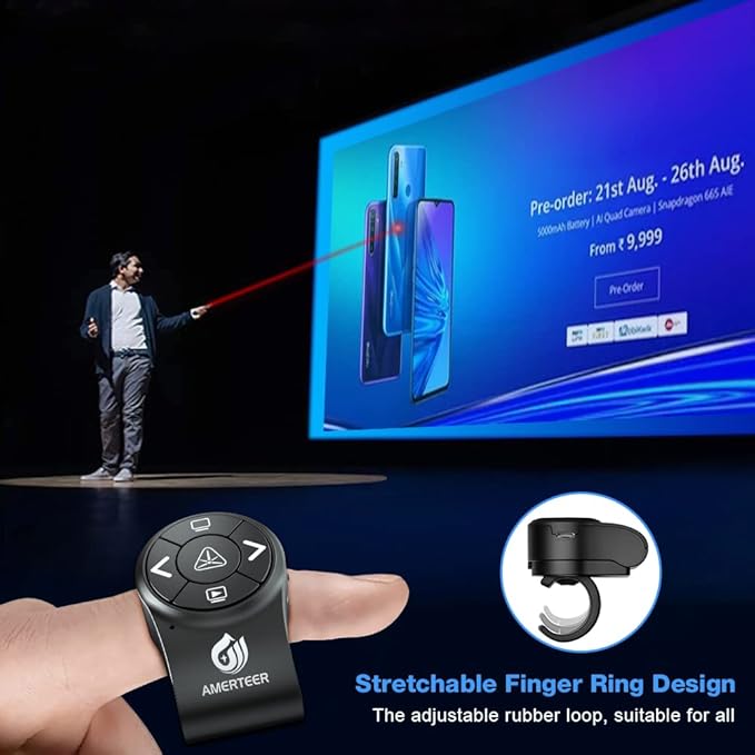 AMERTEER Bluetooth Wireless Presentation clicker for PowerPoint presentations, RF 2.4GHz Finger Ring Remote, PPT Slides Rechargeable