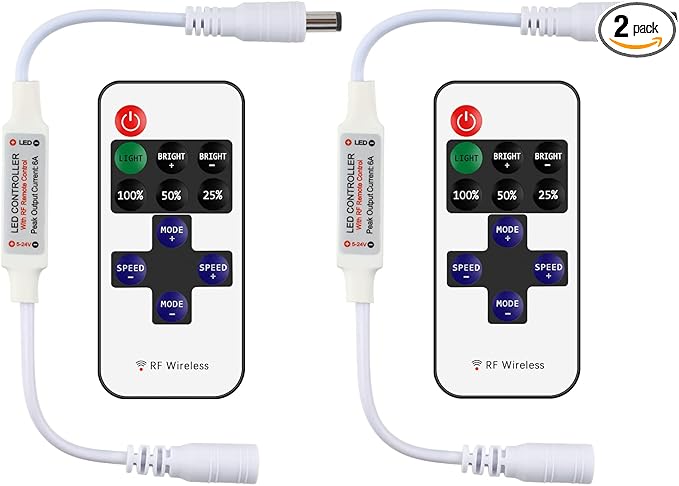 RGBZONE 2 Pack Mini RF LED Dimmer, Single Color Controller for 5050 3528 5630 Strip Lights, DC5V/DC12V/DC24V Single Channel LED Controller, 11-Keys RF Wireless Remote Control
