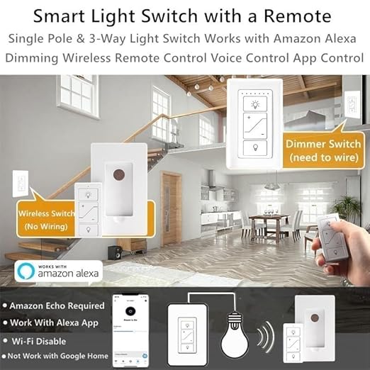 Nexete Smart Wall Dimmer Switch,Single Pole Dimmer with a Wireless Remote,No Wiring DIY Wireless 3-Way Dimmer,Dimming Remote & Voice Control,Bluetooth Work with Amazon Alexa Only