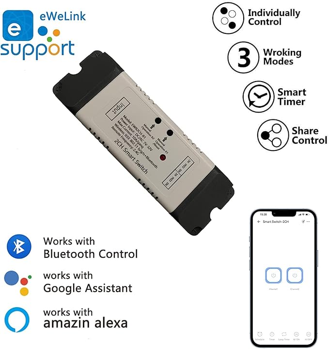 Newgoal 2 Channel EWelink Wireless Switch with Enclosure WiFi Switch Module Remote Control DIY Smart Home Bluetooth Relay 7-32V Power Input Compatible with Alexa Google Home