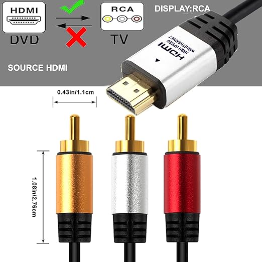 HDMI to RCA 10FT Cable with IC, HDMI Male to 3-RCA SV AV Cable Video Audio Component Converter Adapter 1080P Cable for TV HDTV DVD