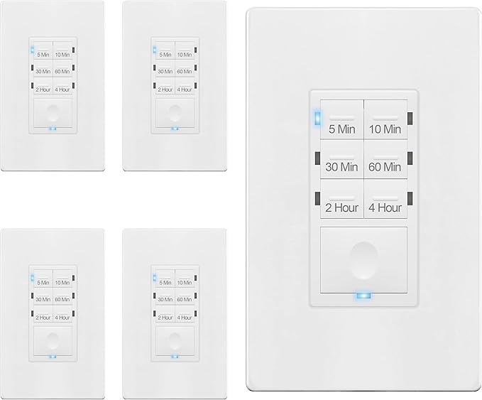 ENERLITES Countdown Light Timer Switch for Bathroom Fans, Lights, 5-10-30-60 Min, 2-4 Hour, 120VAC Neutral Wire Required, UL Listed, HET06-W-5PCS, White, 5 Pack