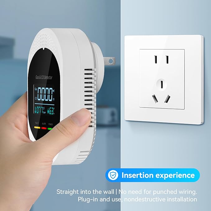 4PCS 4-in-1 Carbon Monoxide & Natural Gas Detectors with Temperature/Humidity LCD Display, Plug in Co Leak Detector Propane Monitor for Home Travel RV Essentials, Sound Alarm Over 85dB