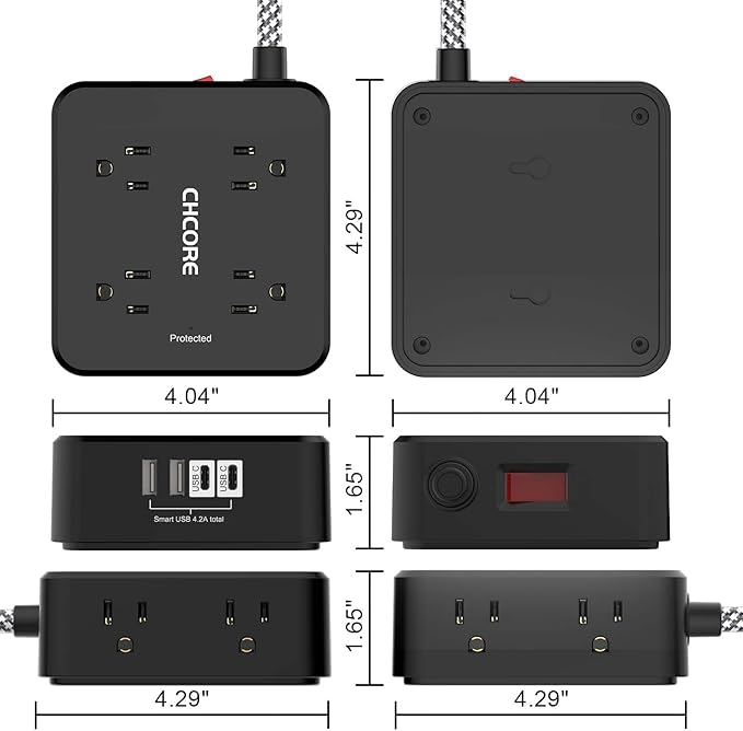 Surge Protector Power Strip - CHCORE 20Ft Braided Extension Cord with 8 Outlets with 4 USB (2 USB C) Charging Ports, Flat Plug Multi Plug Outlet Extender Charging Station for Home Office, ETL, Black