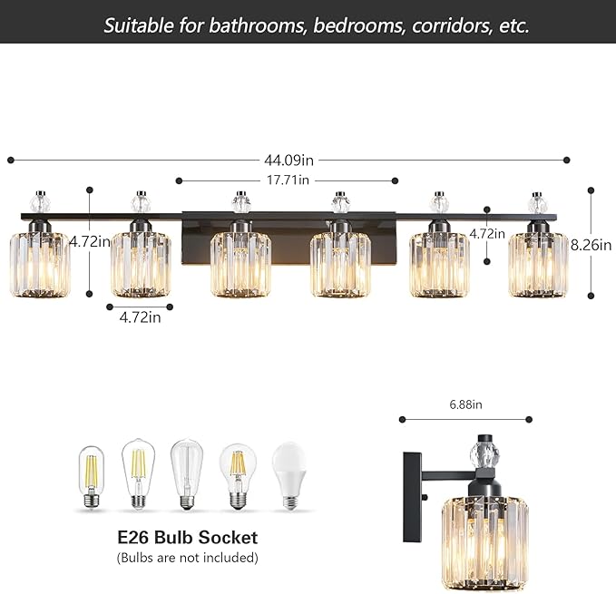 FDPBY Bathroom Vanity Lights 6-Light Plating Black Modern Crystal Vanity Light Fixtures Over Mirror Crystal Bathroom Vanity Lighting Fixtures
