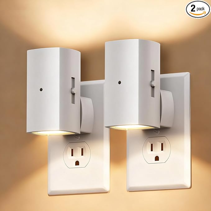 Brightown 2 Pack White Night Lights Plug into Wall, Modern Night Light with Rotating Plug, Dusk to Dawn Sensor, 0-100LM Stepless Dimming Aora Night Light for Hallway Bedroom Bathroom, Soft White
