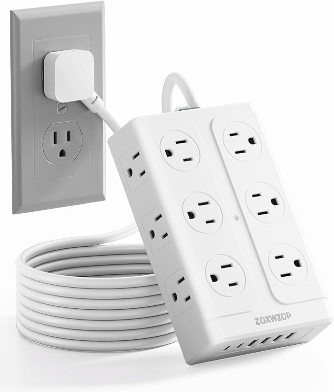 Zoxwzop Surge Protector Power Strip - 12 Outlets(1850W/15A) 6 USB Ports（2 USB C, 6FT Flat Plug Extension Cord, Wall Mount Multi Plug Outlet Extender, ETL Listed for Home, Dorm Room