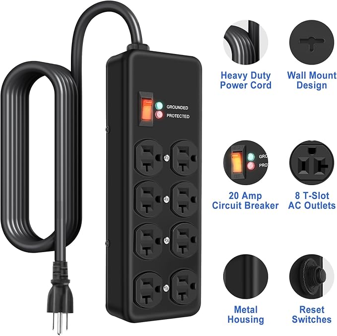 Heavy Duty Surge Protector 20Amp,Metal Power Strip with 8 Outlets,Wall Mount Surge Protector 4800J,12 Gauge 6FT Extension Cord 5-15P Adapter Workshop & Industrial Use with 6-20R T-Slot Outlets