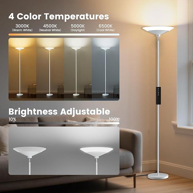 SIBRILLE White Torchiere Floor Lamp - 30W Dimmable LED Standing Lamp with Remote/Button Control, 1800Lm, 3000-6500K, 72in Bright Standing Pole Light for Living Room Bedroom Office Corner