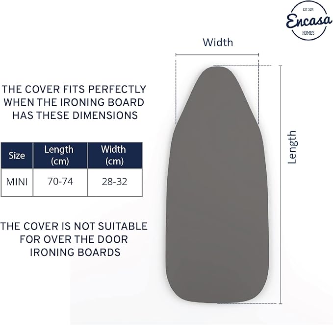 Encasa XO Mini Ironing Board Cover with Extra Thick Pad, Plain Colors, Elasticated, (Fits Standard Mini Boards of 28"x12") Heat Reflective - Grey