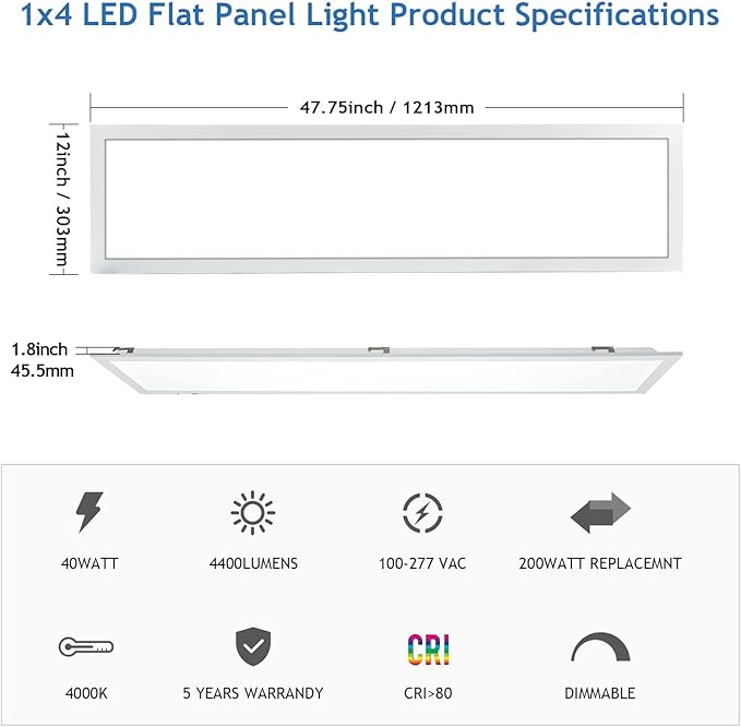 CycevSun 8 Pack 1x4 LED Flat Panel Light Drop Ceiling, 0-10V Dimmable 3000K-4000K-5000K Selectable & 20W-30W-40W Options, 4400LM, ETL