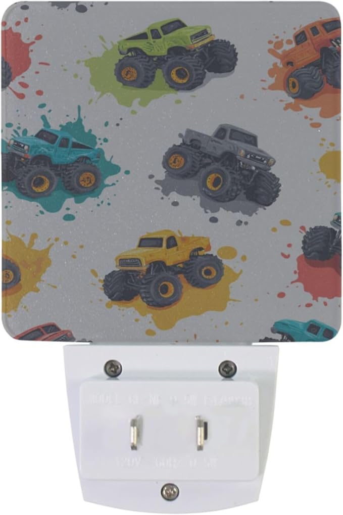 Pigsaly Led Night Light Fiery Paint Splashes Colorful Monster Trucks Night Light Plug in Wall Lamp Smart Dusk to Dawn Sensor Nightlight Led Lamp Energy Saving Lights Gift for Kids Room Bedroom Bathro