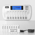 BONAI Rechargeable AAA Batteries with Charger, 8+1 Bay Battery Charger AA AAA with LCD Display for 1.2V NiMH AA AAA 9V, 1100mAh High Capacity Low Self Discharge- 8 Pack