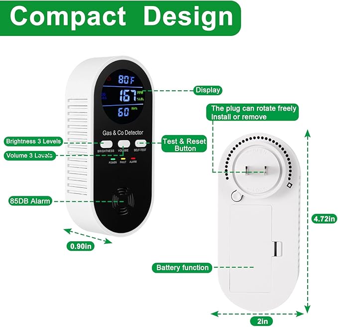 5-in-1 Carbon Monoxide Alarm & Natural Gas Leak Detector,Plug in Combustible Gas & Carbon Monoxide Detector Battery Backup with Temperature(°F) & Humidity,Propane & CO Detector for Home,RV,Apartment