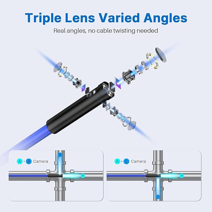 Oiiwak 50 ft Triple Lens Borescope, Drain & Sewer Camera | 4.3" 1080P, IP67, 32GB, Carrying Bag, Accessories | Inscpection Camera for Plumbing, HVAC, Automotive, Wall