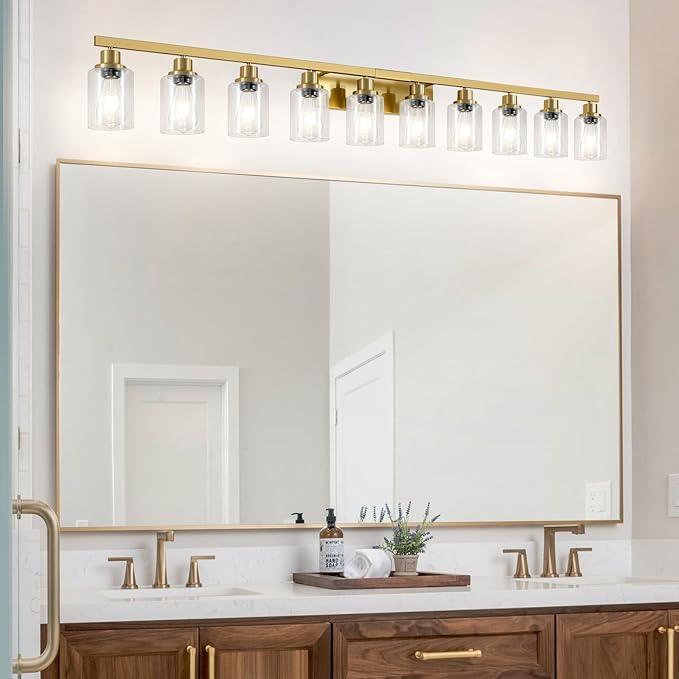 DIKAIDA Gold Bathroom Vanity Light,10-Light Brushed Gold Bathroom Light Fixtures with Clear Glass,64.5in Wall Lamp Sconces for Mirror Bedroom,Living Room Hallway,E26