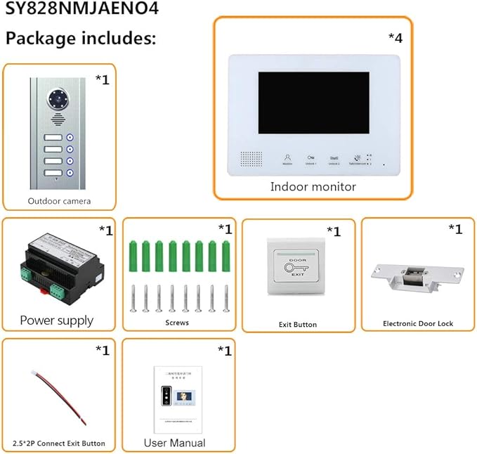 4 Apartment Bus 2 Wire Video Door Phone Intercom Systems 7 Inch Kit for Electronic Door Lock Home Night Vision