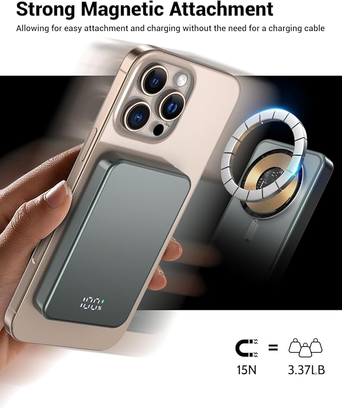 POAQCIF for Magsafe Portable Charger, Aluminum Alloy Small 10000mAh 20W PD Magnetic Power Bank, USB-C in&Out Wireless Battery Pack Phone Charger for iPhone 16/15/14/13/12 Plus Pro Max Series -Gray
