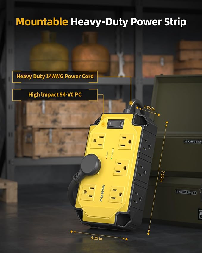 Heavy Duty Power Strip15 Amps/1200 Joules, 12 Outlets Industrial Magnetic Surge Protector, 6.5 FT Extension Cord for Industrial Shop Garage (Yellow)