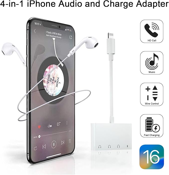 Unitrox 4 in 1 Headphone Splitter, iPhone Headphone Adapter + Dual 3.5mm Headphone Jack Adapter + Charging Port for iPhone 14 13 12 11 X 8 7