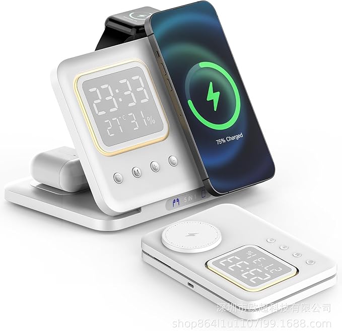IHAO 5in1 Multi Functional Wireless Charger with Digital Clock 15W Fast Charge Night Light Temperature Display Magnetic Attraction Compliant for iPhone iWatch and Qi Headphone-DH13 White