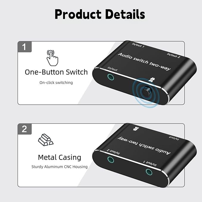 Audio Switch 3.5mm Bi-Direction Switch,Stereo Audio Switcher 2 in 1/1 in 2 Out,A udio Swit ch Headphone Manual Selector Splitter for PC Phone Laptop Headphone(Black)