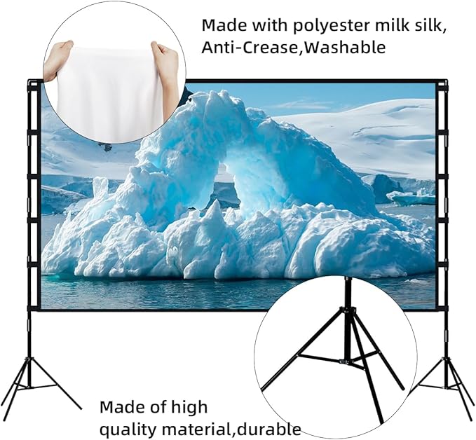 TOWOND Outdoor Projector Screen with stand, 120 inch Portable Movie Screen - 16:9 4K HD Foldable Anti-Crease Projection Screen with Carry Bag for Movie Nights, Camping and Parties Support Double Sided