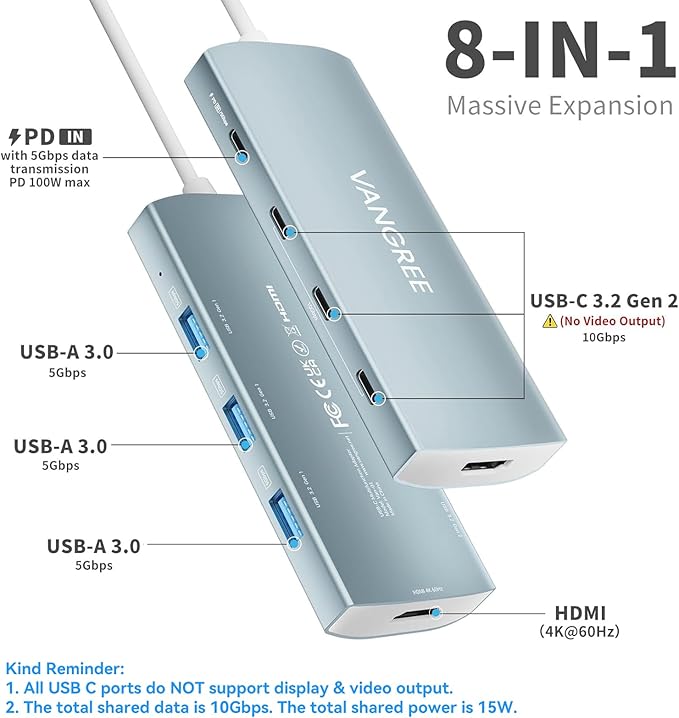 USB C Hub 8 in 1 Multiport Adapter, 3 USB 3.2 Gen 2 Ports with 10Gbps, 3 USB-A 3.0 5Gbps, 4K@60Hz HDMI, 100W PD, USBC Splitter for MacBook Pro, iPad Pro, Mac mini and More(Not Support USB-C Monitor)