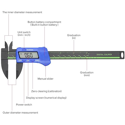 Electronic Digital Caliper, Plastic Vernier Caliper, Caliper Measuring Tool with Inch/Millimeter Conversion, Extra Large LCD Screen, 0-6 Inch/0-150 mm, Auto Off Featured Micrometer Ruler