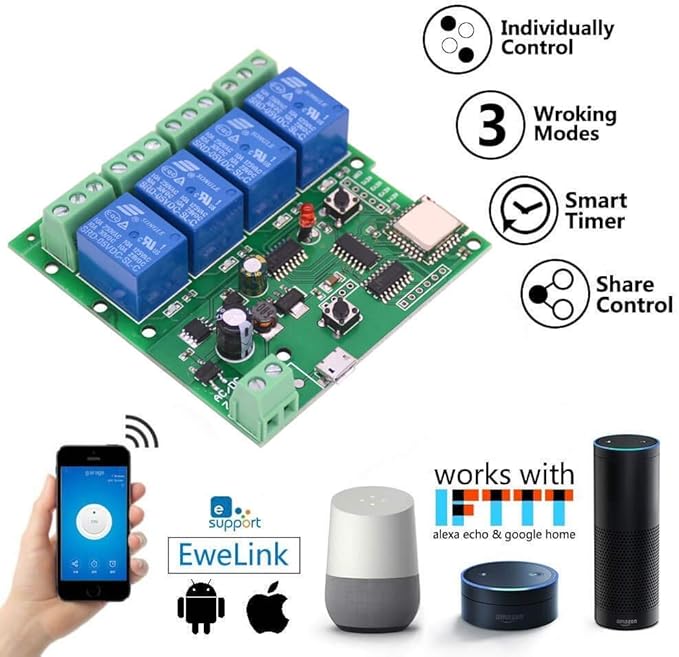 Newgoal WiFi Wireless Inching Relay Monentary/Self-Locking Switch Module DIY Smart Home Remote Control DC 5-32V AC90-260V Ewelink App iOS/Andriod Compatible with Alexa Echo Google Home IFTTT (DC4)