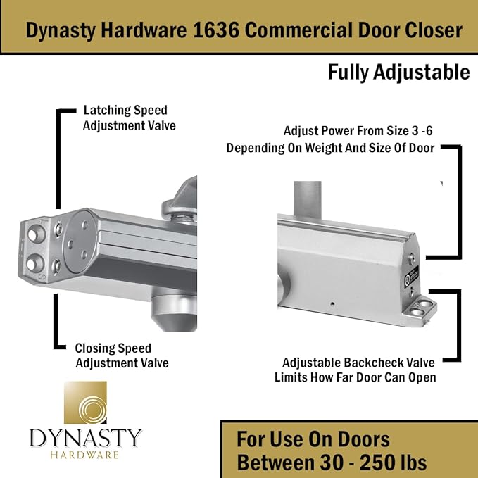 Dynasty Door Closer Adjustable Spring Size 3-6 Hydraulic Automatic Door Closer Series 1636 (Aluminum)