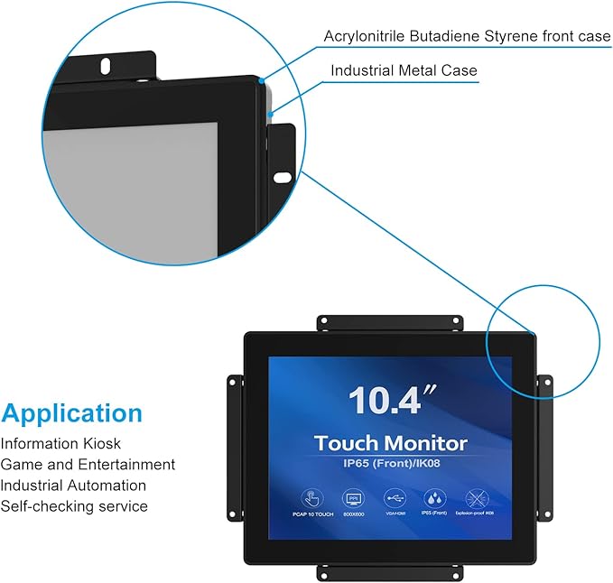 GreenTouch 10.4 inch 10 Points Front Waterproof Industrial Open Frame PCAP Touch Screen LCD Display Monitor 800x600 Black