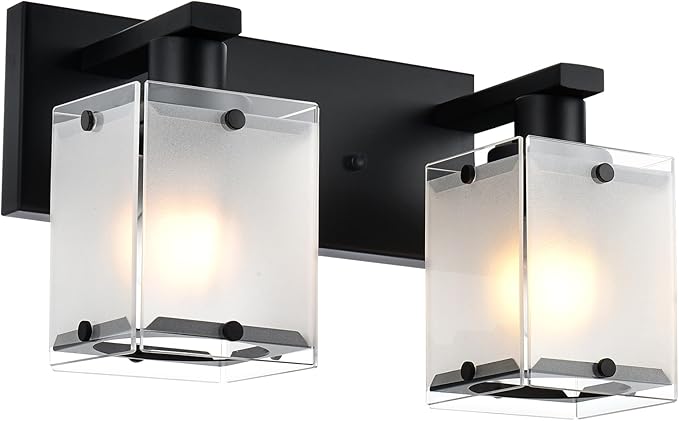 WINSHEN Black Wall Sconce Lighting, 2-Light Bathroom Vanity Light Fixture Wall Mount Lamp Over Mirror for Bedroom Bedside Studty Living Room, Rectangular Frosted Glass Shade