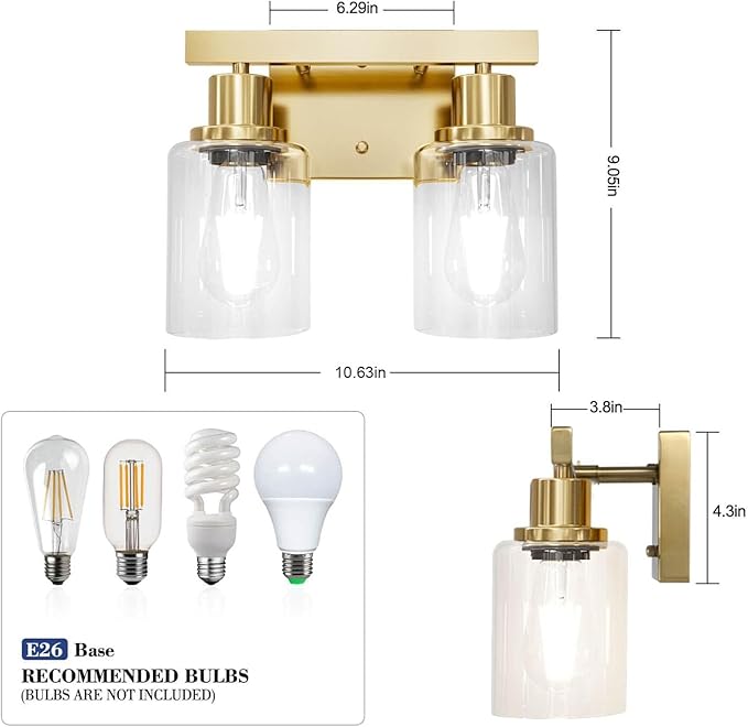 DIKAIDA 2-Light Brushed Gold Vanity Lights for Bathroom, Brushed Gold Bathroom Light Fixtures, Modern Vanity Lighting Over Mirror with Clear Glass Shade, Farmhouse Bath Wall Lamp for Mirror