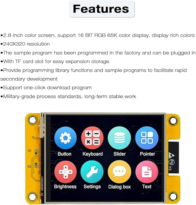 Hosyond 2.8'' ESP32 Display Resistive Touch Screen with WiFi+BT, ILI9341 Driver 240x320 TFT LCD Screen Module for Arduino