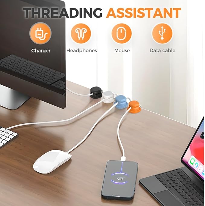Magnetic Cord Organizer Holder, Upgrade Cord Holder for Nightstand, Adhesive Wire Cable Clips Management Kit for Phone Charger, Computer, Home, Office, Desk, Nightstand (Mix, 6 Packs)