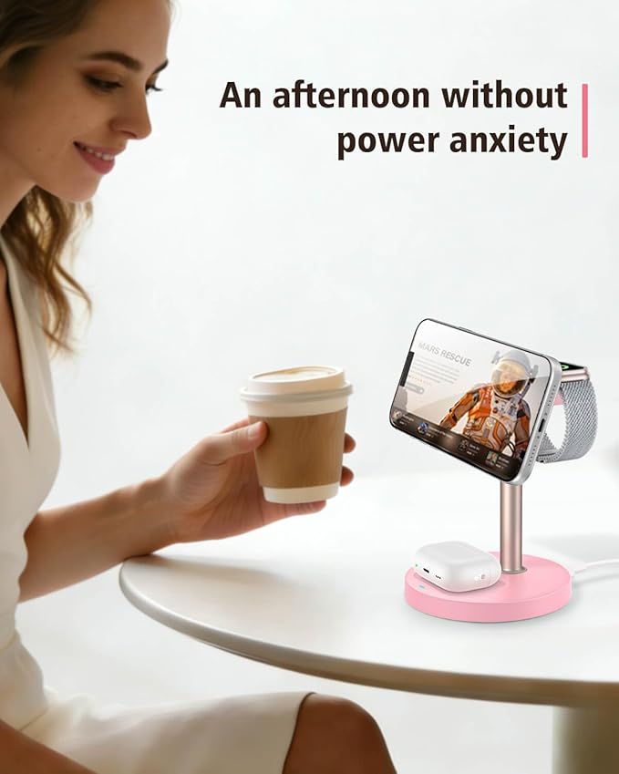 3 in 1 Wireless Charging Station for Apple, 15W Fast Magnetic Charger Stand Wireless Nightstand for Bedrooms, iPhone 17 16 15 14 13 12 Series, Apple Watch, Airpods, Women Gifts (No AC Adapter) Pink