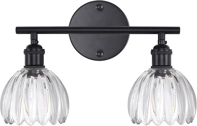 Shenmoyl Bathroom Light Fixtures, 2-Light Black Vanity Wall Light Over Mirror with Clear Tulip Glass Shade for Bedroom Living Room (Bulb Not Included)