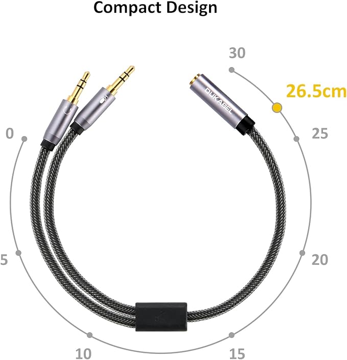 DUKABEL Gold-Plated & Strong Braided Y Splitter Audio Cable - Separate Microphone & Headphone Port Gaming Headset Earphone Adapter - TopSeries (12inch / 30cm)