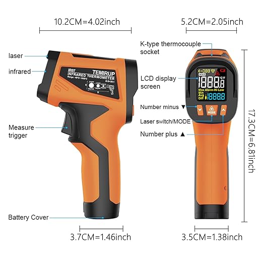 TEMIRUP Infrared Thermometer High Temperature Gun -40℉ to 1922℉, 30:1 Pyrometer Digital IR Laser Thermometer Temp Gun with Probe for Cooking, Pizza Oven, Engine, Kilns, Forges, Industry & Home Repair